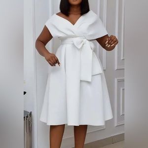 Women’s White V-Neck Pleated Waist Strap Sexy Dress Church Attire
